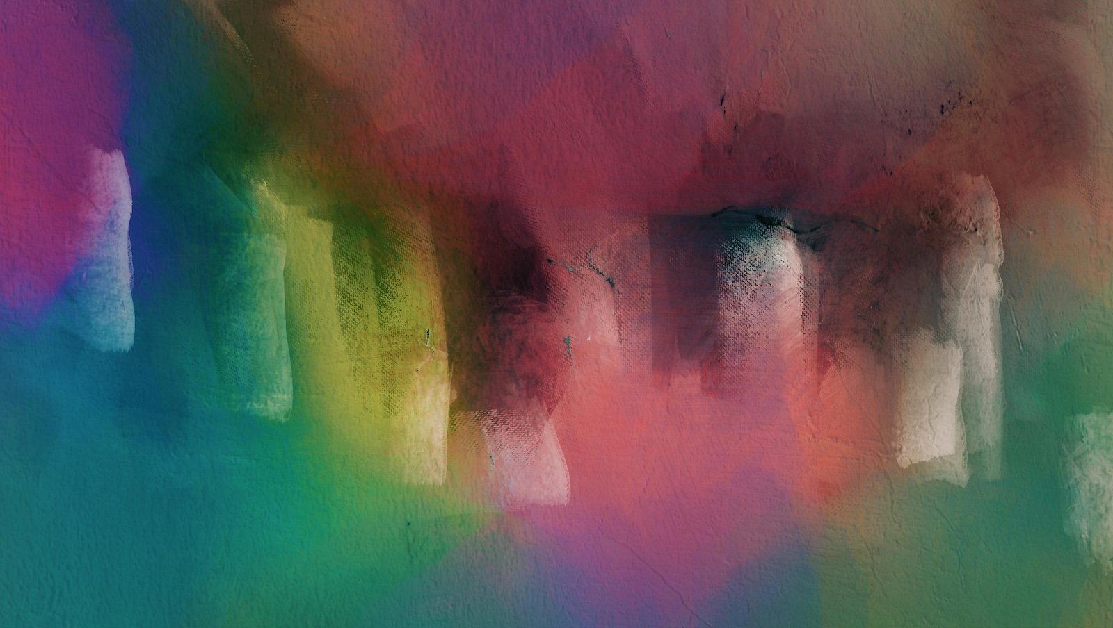 A vibrant abstract painting with sharp contrasting colors and shapes.