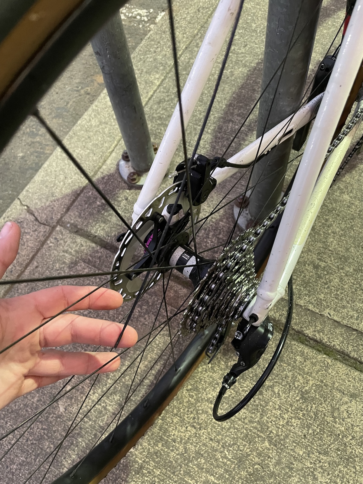 The author holds a broken spoke from the rear wheel indicating where it broke.