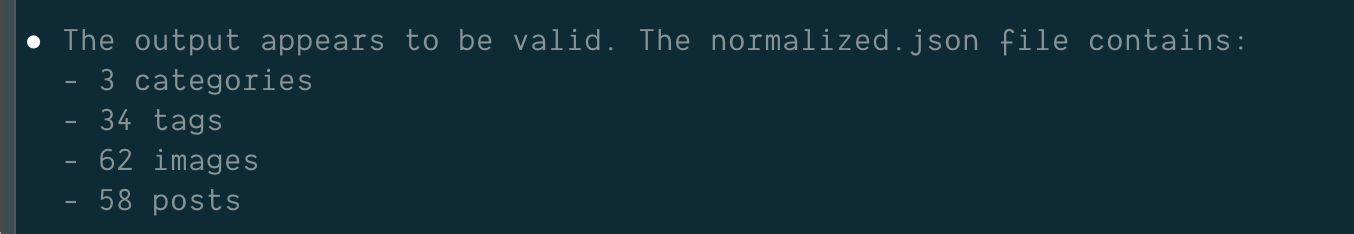 Screen print out of normalized output creating 3 categories, 34 tags, 62 images, and 58 posts