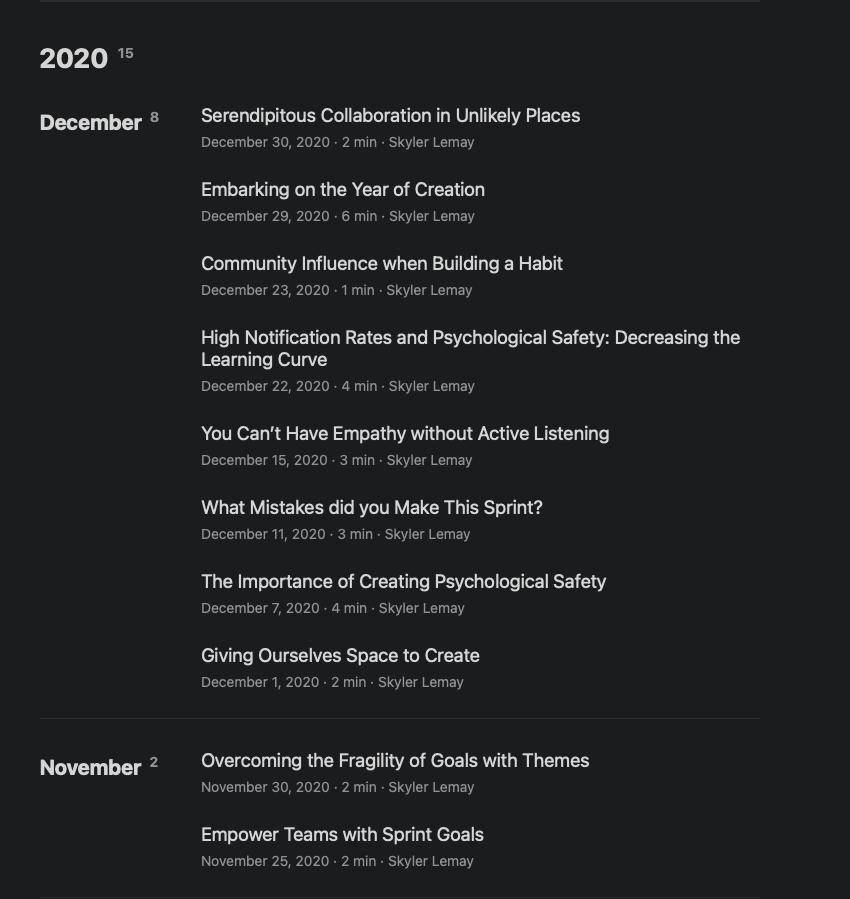 A screenshot of an archive of multiple posts rendering on the website after being imported