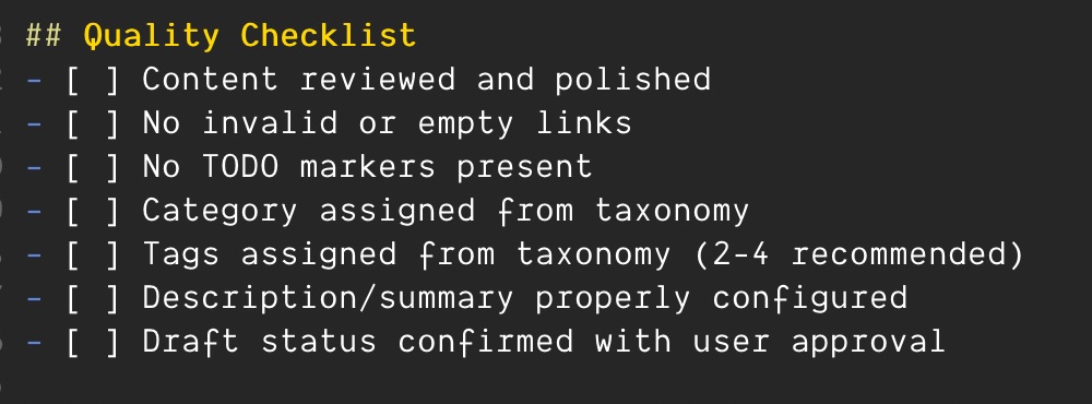 A quality checklist from Claude referencing the items in the list above.